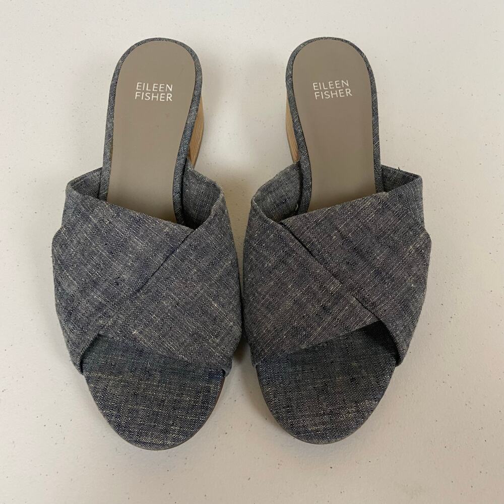 Eileen Fisher Ruche Chambray Blue Denim Block Heel Comfort Mule Sandals Size 8